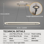 Island Lights, Linear Pendant Light LED Dimmable Hanging Light Fixture, 3000K-6000K with Remote Control,Chandeliers for Dining Room‎(Silver,43.3IN)