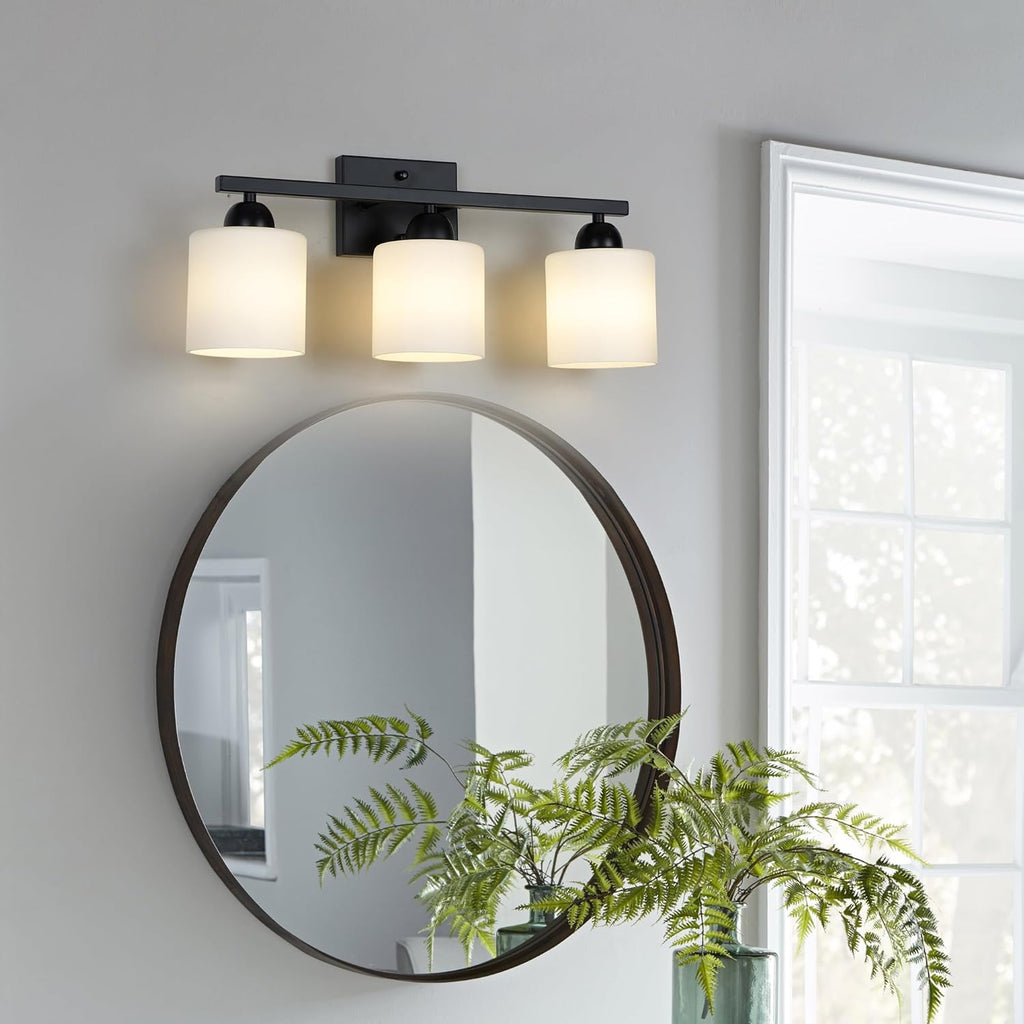 Milk Glass Vanity Lights for Bathroom, 3 Light Matte Black Bathroom Light Fixtures Over Mirror, Ceramic E26 Sockets Wall Mounted