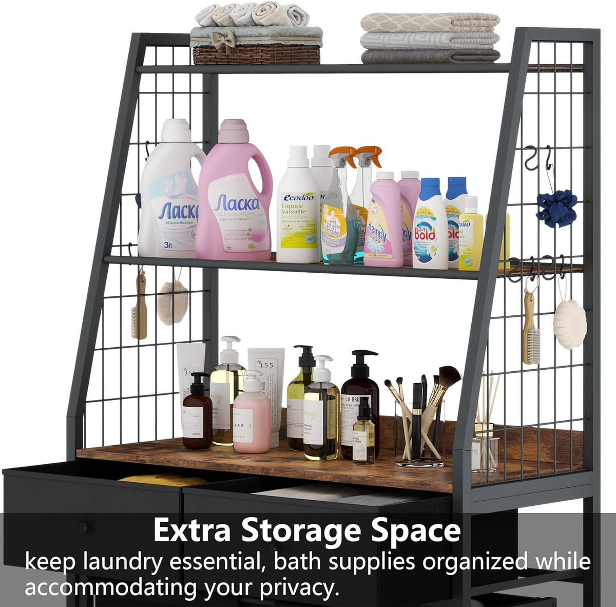 Laundry Hamper Laundry Basket with 3 Section Pull-Out Rolling Bags & 2-Tier Storage Shelf, Laundry Sorter for Organization and Storage with 2 Drawers for Laundry Room, Bathroom