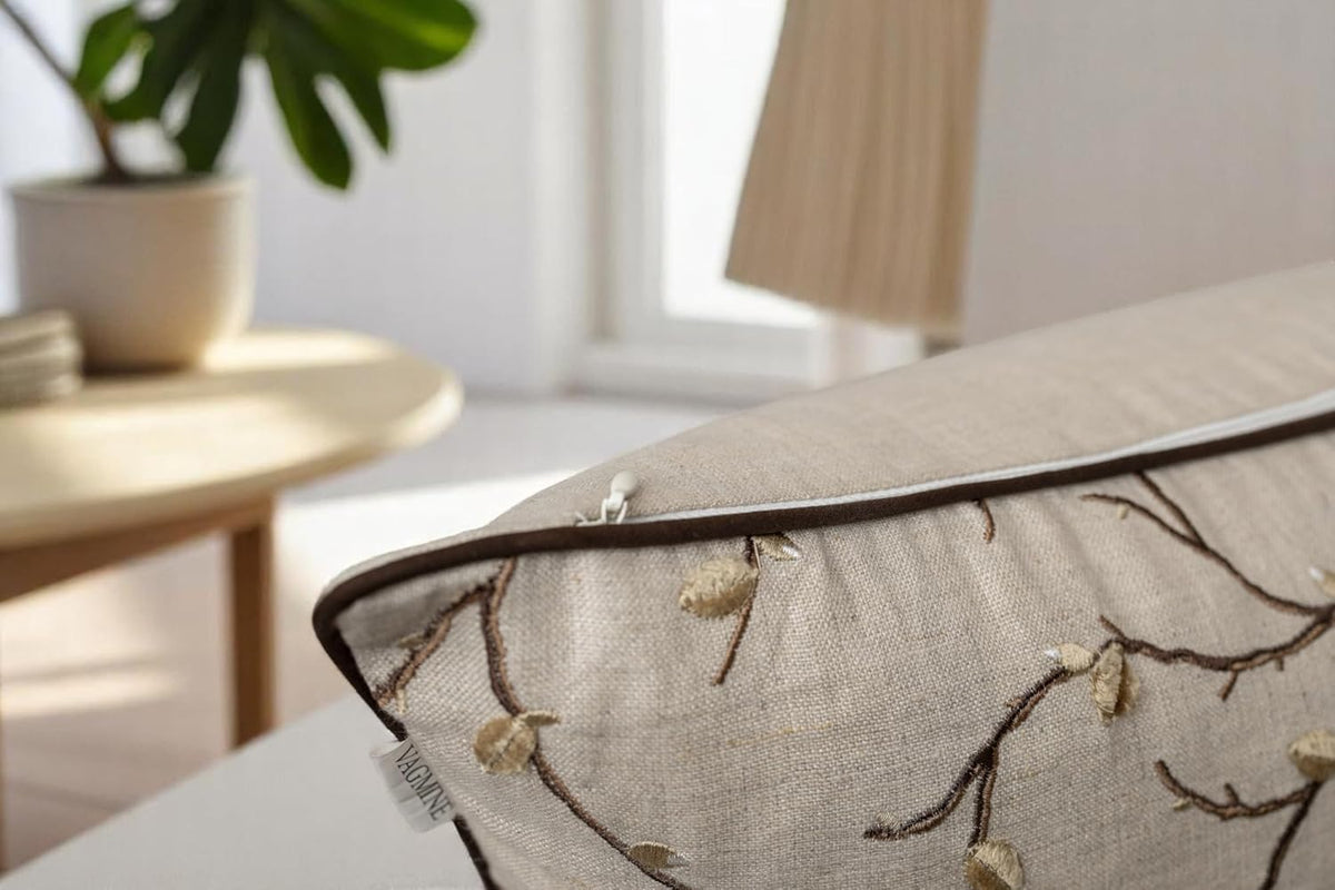 VAGMINE Embroidered Pussy Willow Throw Pillow Cover - 20x20 Inches Square - 100% Linen Natural Throw Pillowcase - Elegant Neutral Floral Design - Minimalist Rustic Home Accent for Sofa, Bed, Lounge