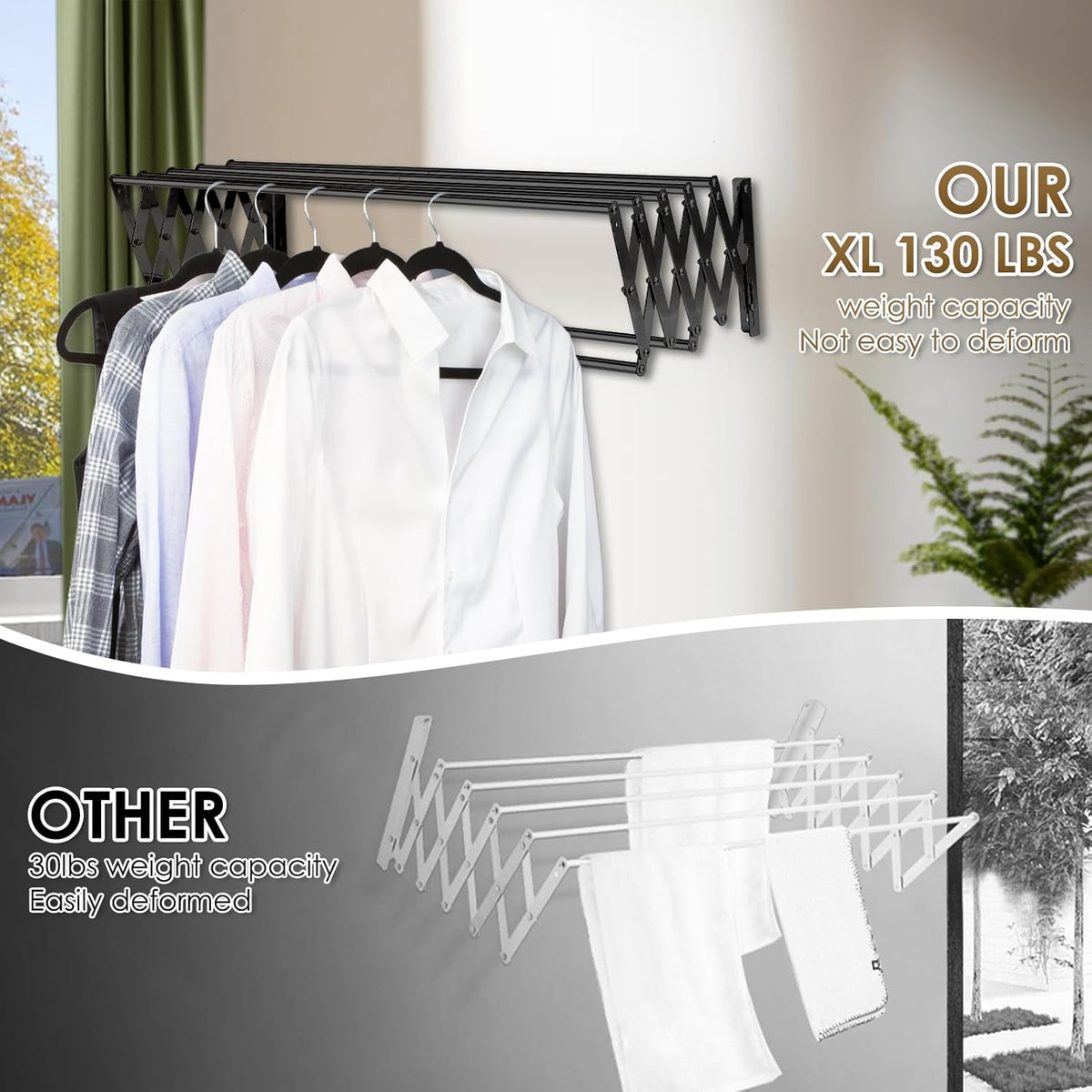 XL-31.5'' Wall Mounted Clothes Drying Rack, 130 lbs Large Capacity Rustproof Retractable Collapsible Drying Rack Easy Install with 7 Drying Rods, Space Saving Towel Clothes Rack for Laundry-Black