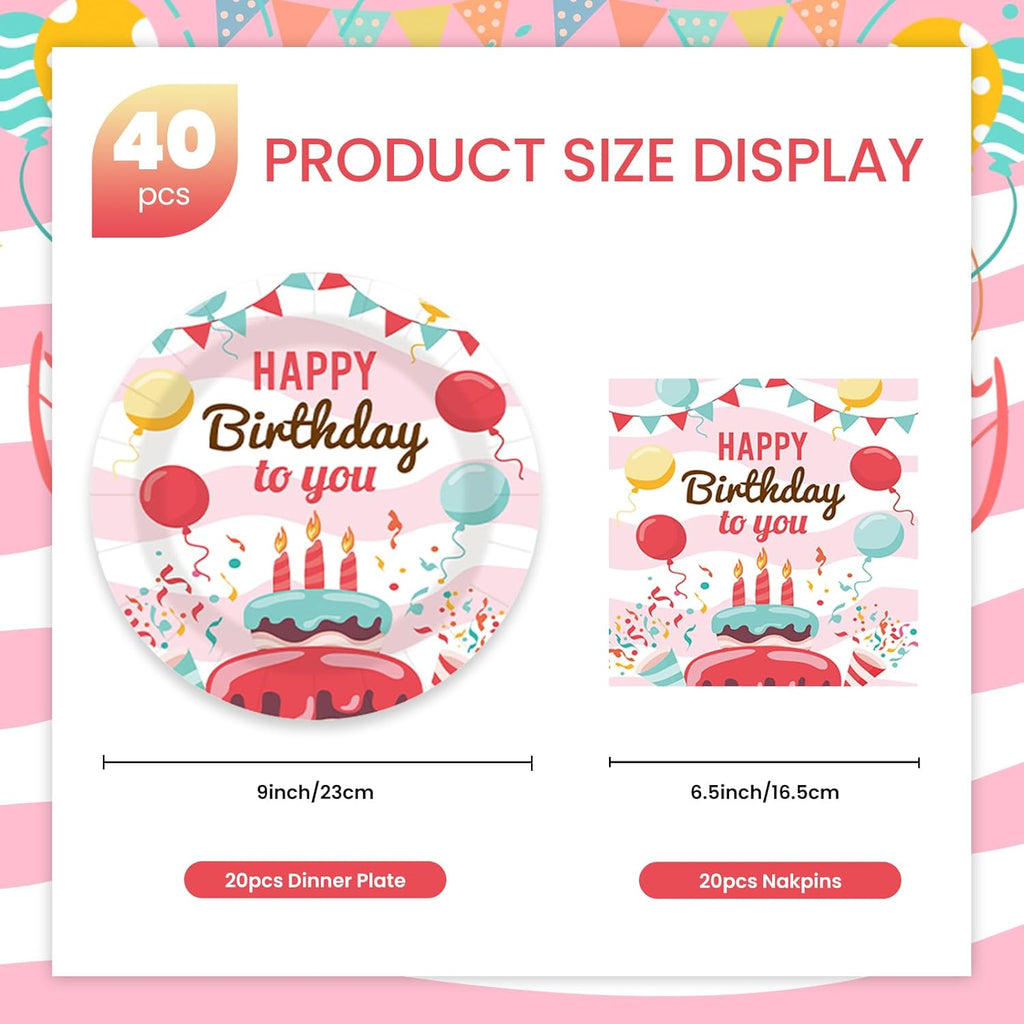 40 pcs Birthday Paper Party Plates and Napkins Disposable Colorful 9 inch 20 pcs Dessert Plates & 20 pcs Napkins Tableware for Fruit Cake Party Decorations