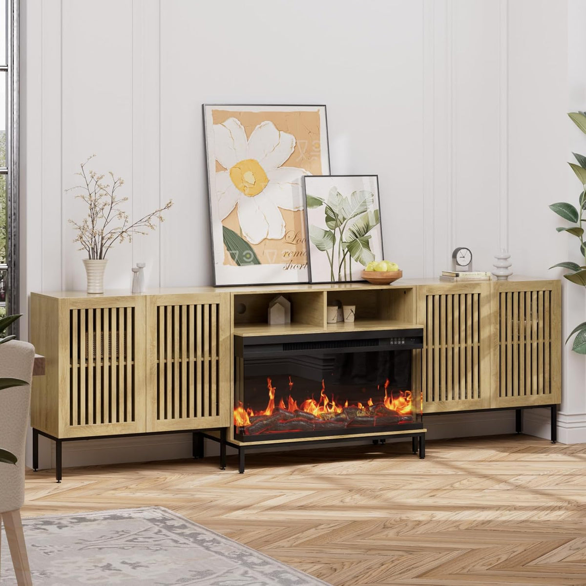 3-Sided Glass Farmhouse Fireplace TV Stand for TVs Up to 100 Inch, Entertainment Center with 36" Electric Fireplace, Oak TV Console with Storage Cabinets for Living Room