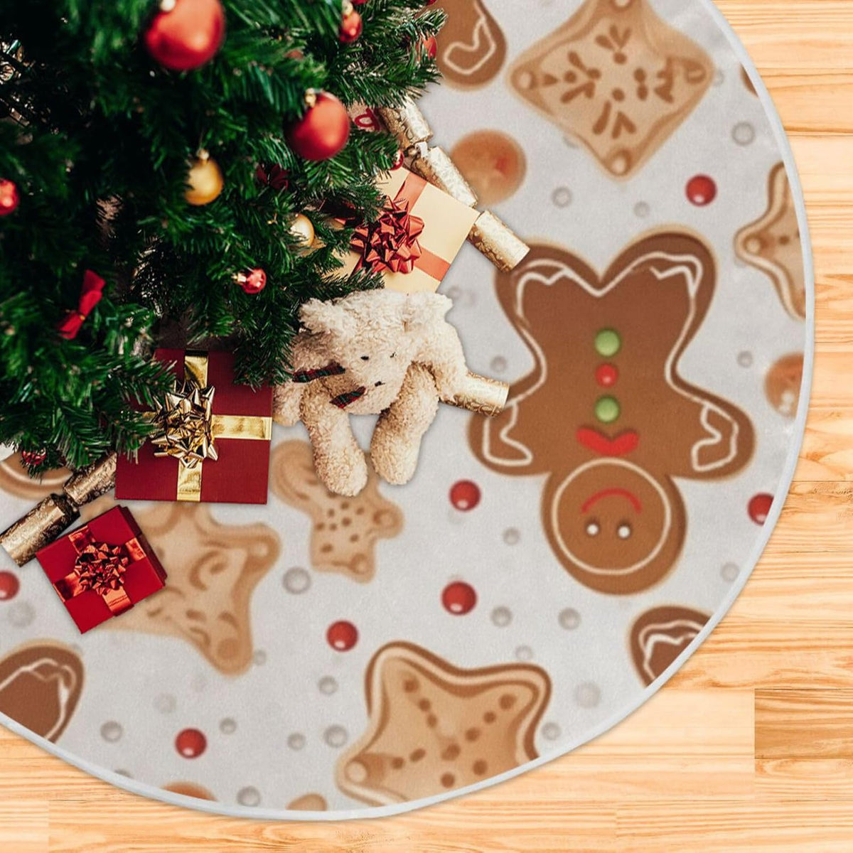 Gingerbread Christmas Tree Skirt - 48 Inch Xmas Tree Mat for New Year Party Decorations