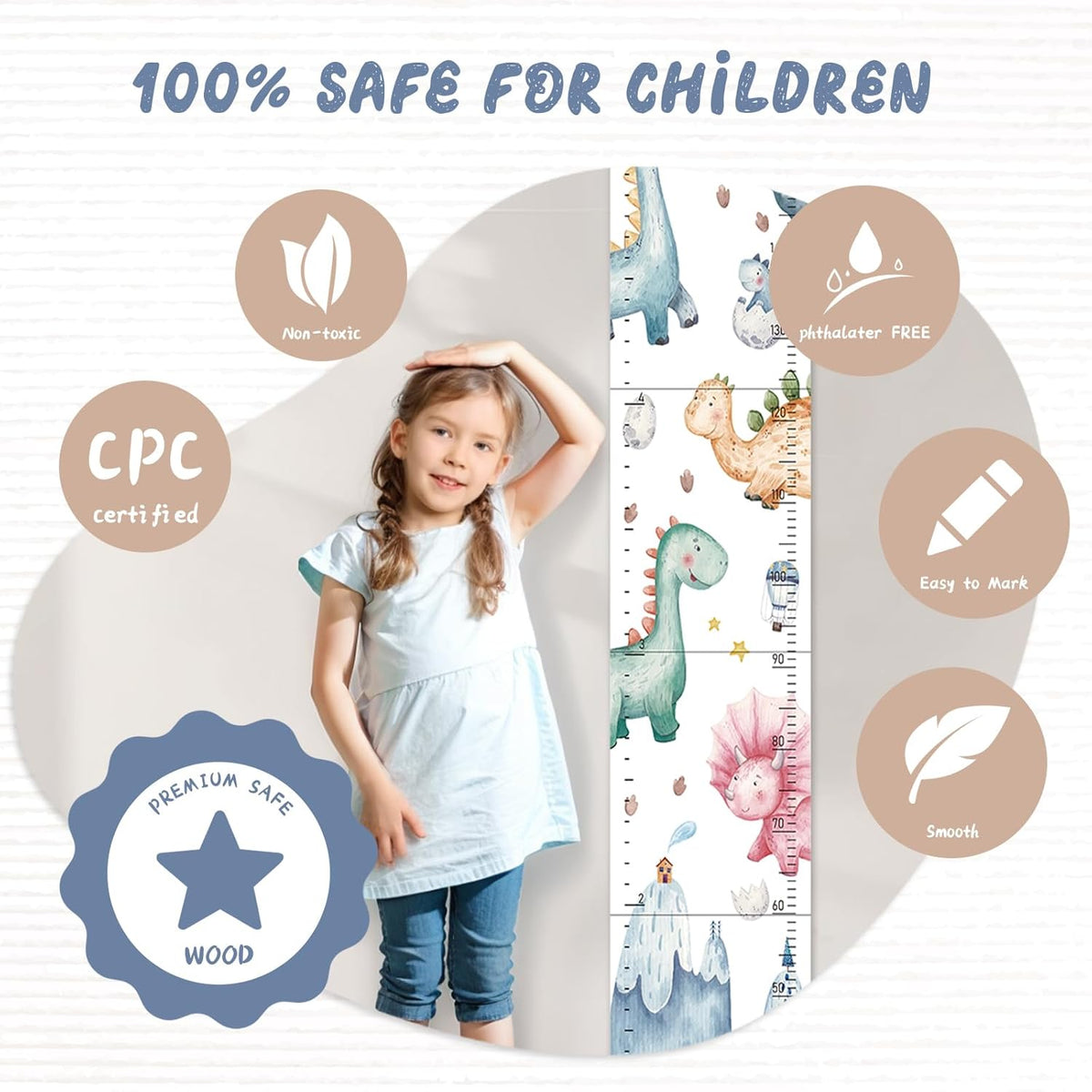 Personalized Name Growth Chart for Kids, Watercolor Dinosaur Height Measurement Chart for Children's Growth, Suitable for Both Boys and Girls, Removable and Easy to Store, Lightweight