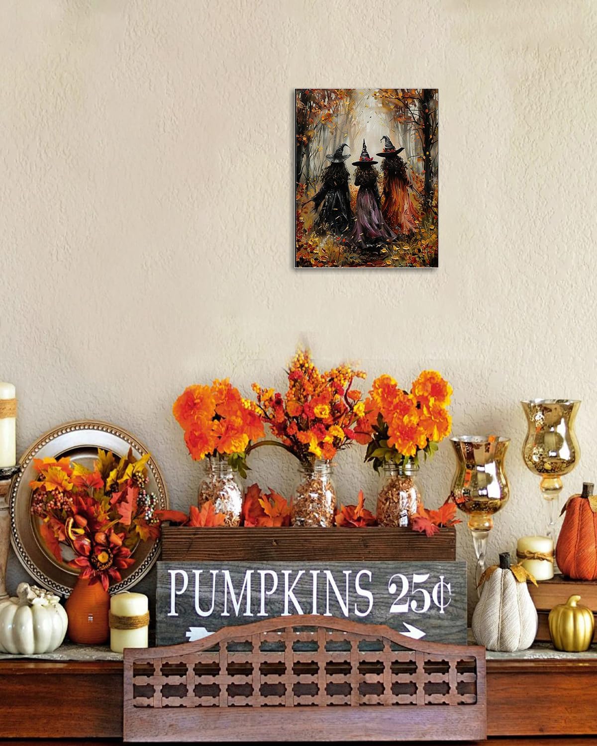 Halloween Canvas Wall Art, Vintage Three Witches Poster, Gothic Dark Academia Wall Decor, Spooky Halloween Decor for Living Room, Bedroom & Bathroom, Framed Fall Decorations Indoor