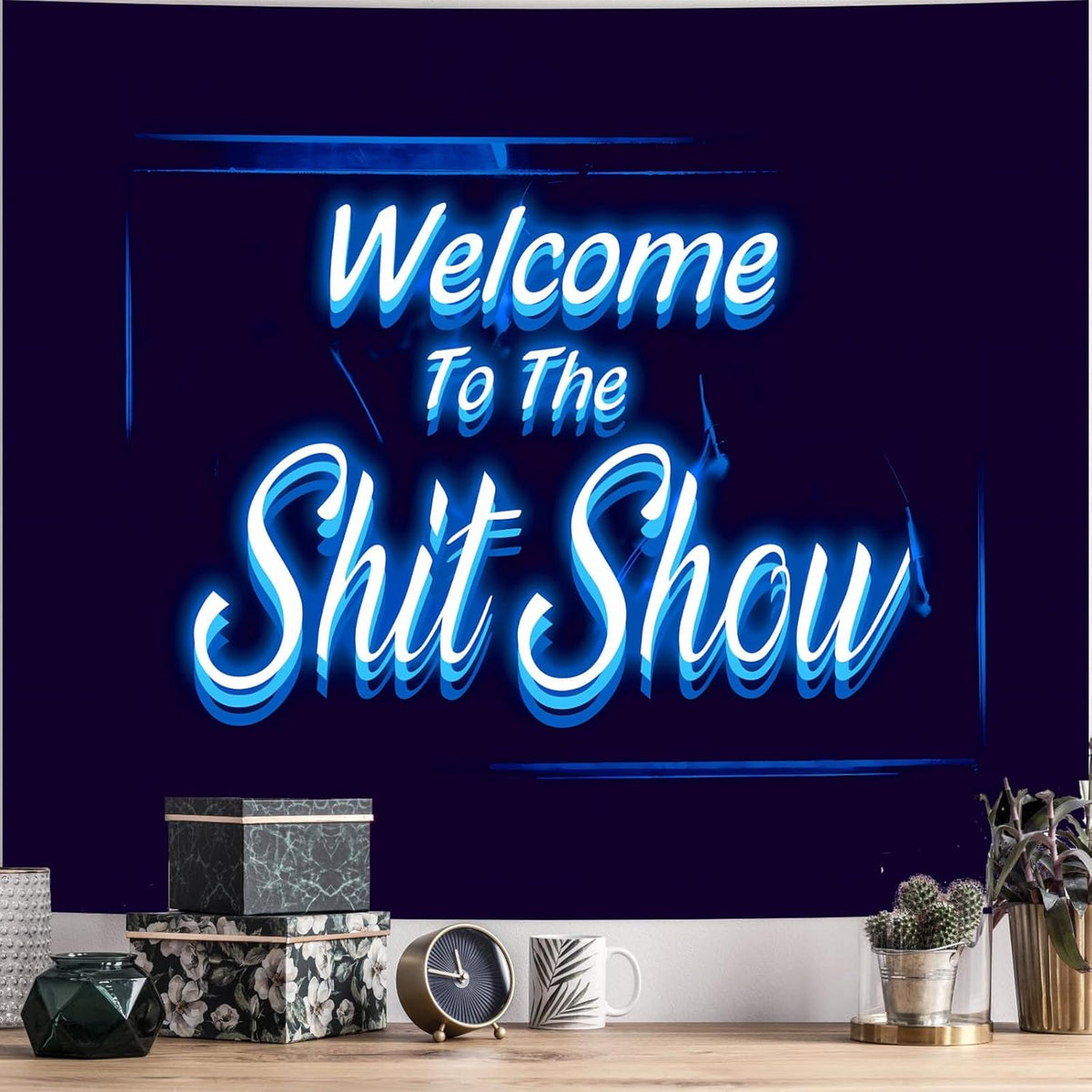 Welcome to the Shitshow Tapestry Blue Dorm Room Decor for Bedroom Wall Hanging Vintage 3D Word Art Flag Wall Tapestry for Living Room Dorm Party Decor (51 X 60 Inches)