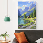 Landscape wall painting of mountain forest lakeside cabin under blue sky and white clouds natural oil painting poster suitable for living room bedroom office