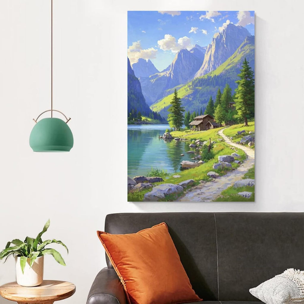 Landscape wall painting of mountain forest lakeside cabin under blue sky and white clouds natural oil painting poster suitable for living room bedroom office