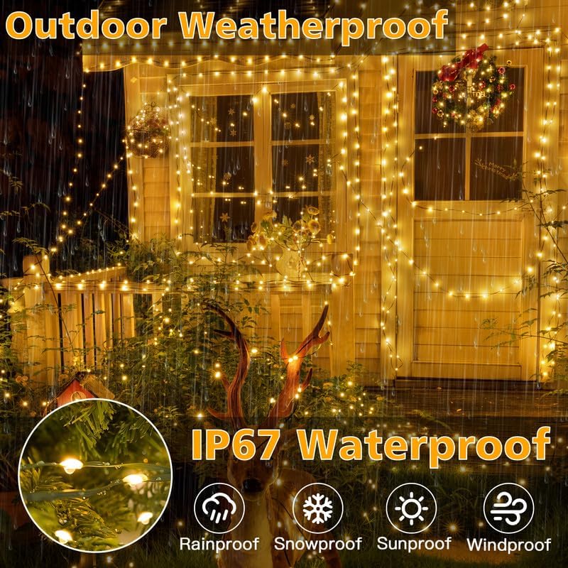 Ollny Christmas Lights Outdoor, 393FT 1200 LED IP67 Waterproof Christmas Tree Lights with 8 Modes Remote Timer, String Lights for House Yard Outside Indoor Xmas Decorations Warm White