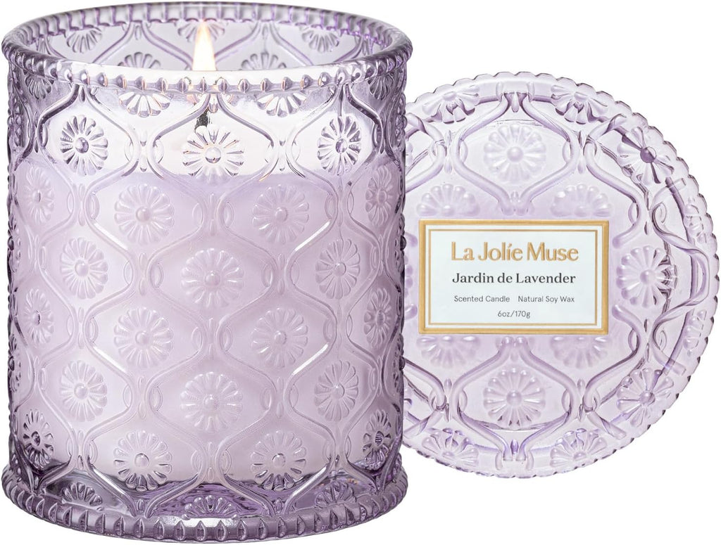 LA JOLIE MUSE Jardin de Lavender Scented Candle - Coconut, Lavender & Sandalwood | 6 oz Natural Soy Wax | 40 Hours Clean Burn | Aromatherapy Candle for Relaxation | Elegant Home Decor