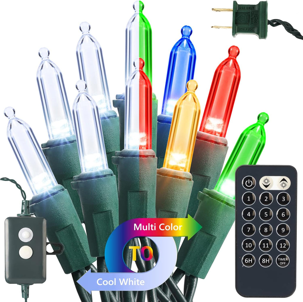Brizled Christmas Lights, 33ft 100 LED Color Changing Christmas Tree Lights Connectable with Remote, 12 Modes Cool White & Colored Xmas Lighting, Clear Mini Xmas Lighting for Indoor Outdoor Home Decor