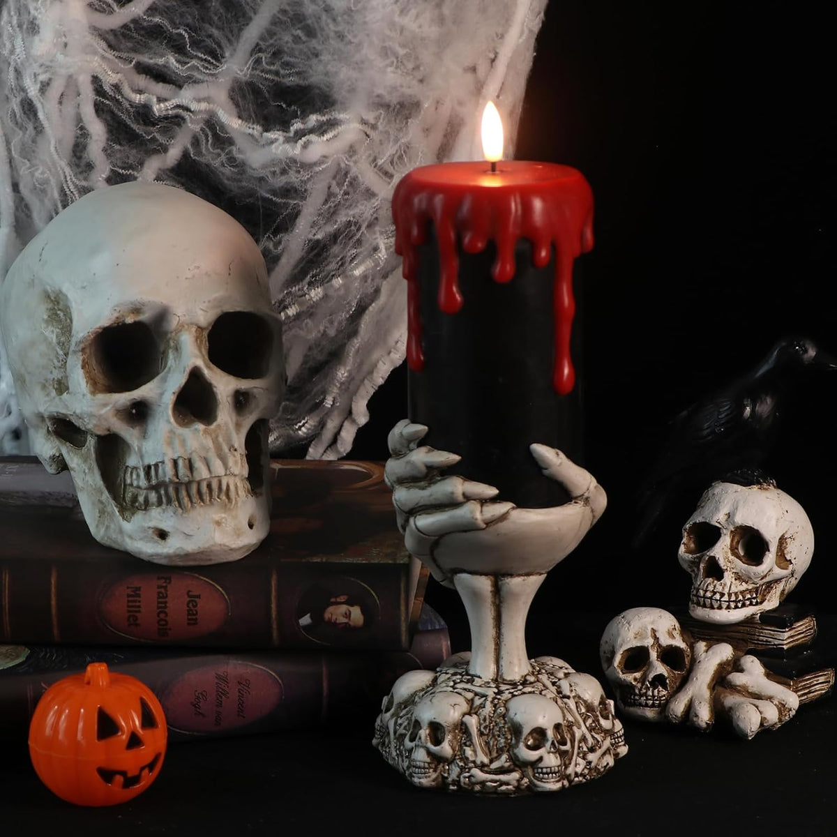 Wondise Halloween Flameless Candles with Ghost Hand, Battery Operated LED Black Candles with 6hrs Timer, Real Wax Pillar Candles with Flickering 3D Wick for Halloween Home Theme Party Decor
