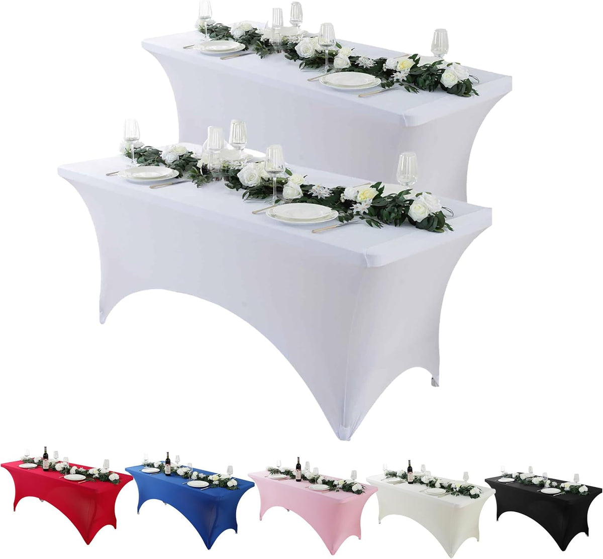 Craft And Party 2 Pack 6ft White Spandex Tablecloth – Fitted Stretch Cover – Universal Fit for Folding Tables – Wrinkle-Free, Washable – Ideal for Parties, Weddings, Events