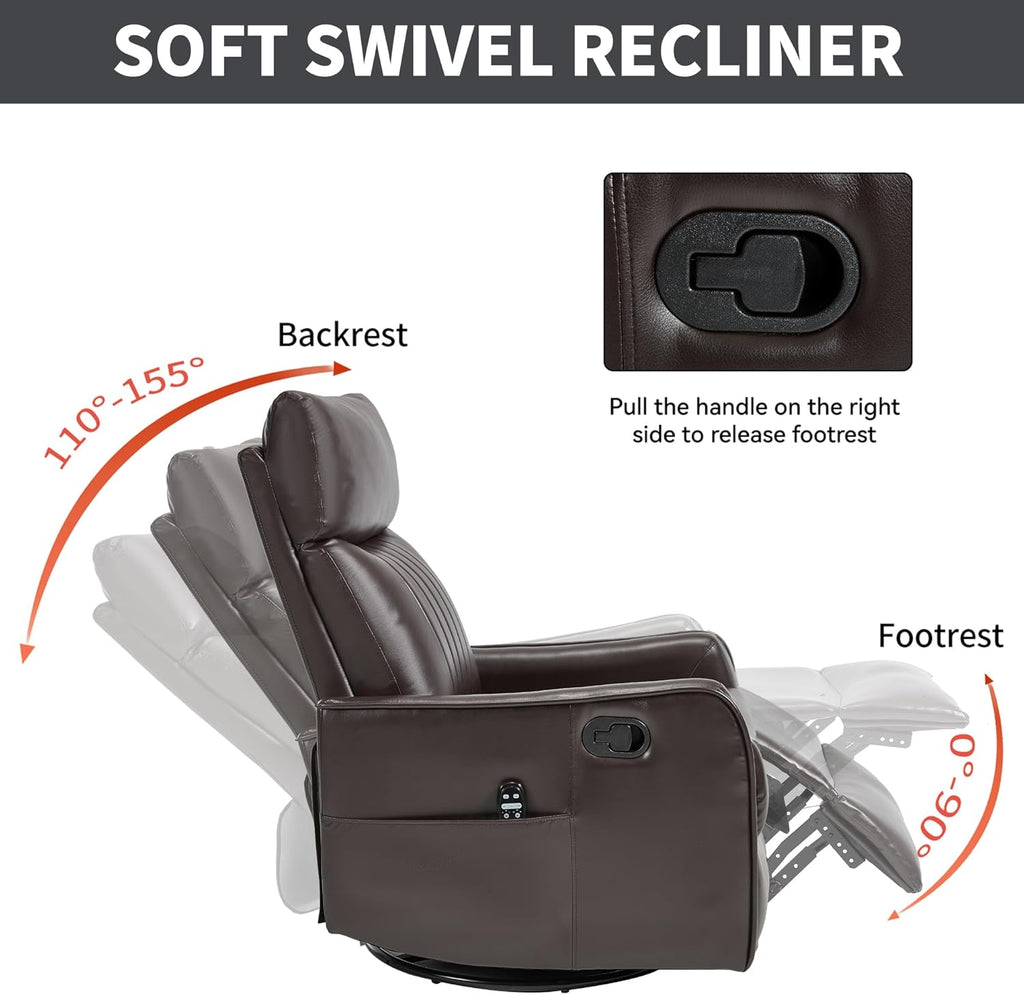 Manual Swivel Rocker Recliner Chair for Adults, Overstuffed Reclining Glider Chair for Nursing with Vibration Massage & Heat, Living Room Rocking Recliner 2-Stage backrest, Faux Leather Brown