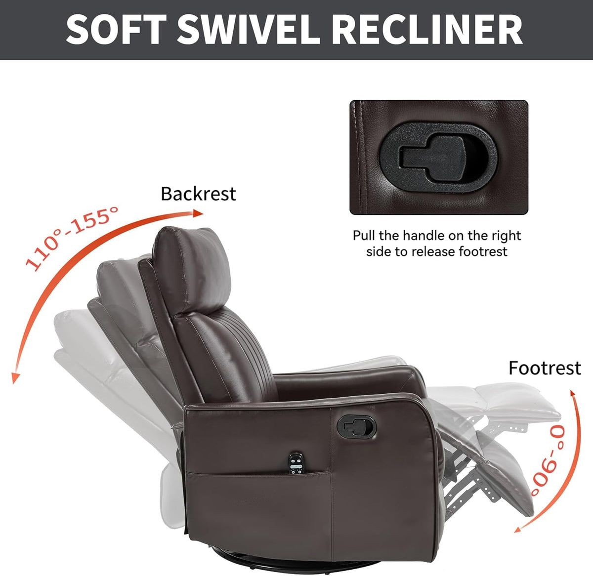 Manual Swivel Rocker Recliner Chair for Adults, Overstuffed Reclining Glider Chair for Nursing with Vibration Massage & Heat, Living Room Rocking Recliner 2-Stage backrest, Faux Leather Brown