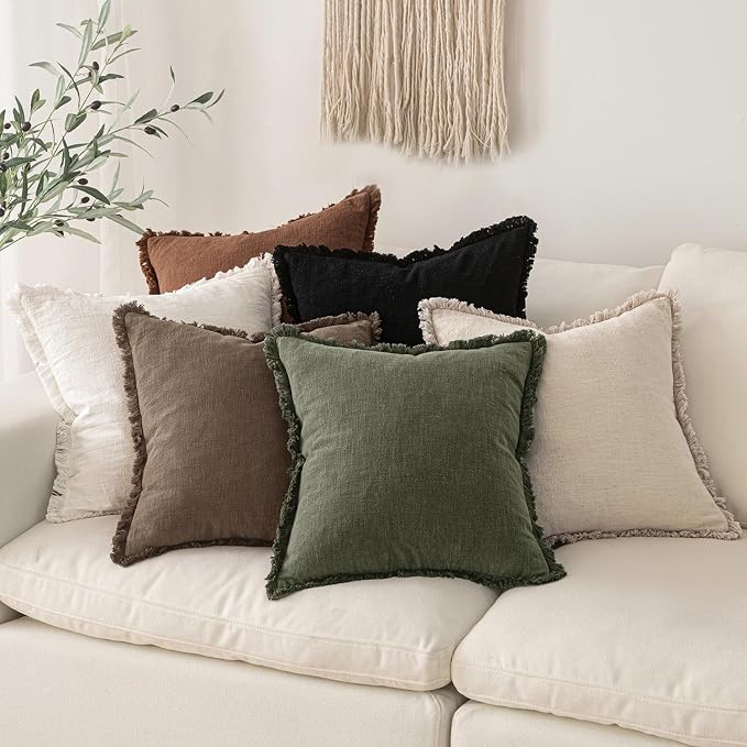 MIULEE Linen Fringe Decorative Fall Euro Pillow Covers Cocoa Brown 24x24 | Set - Image 6