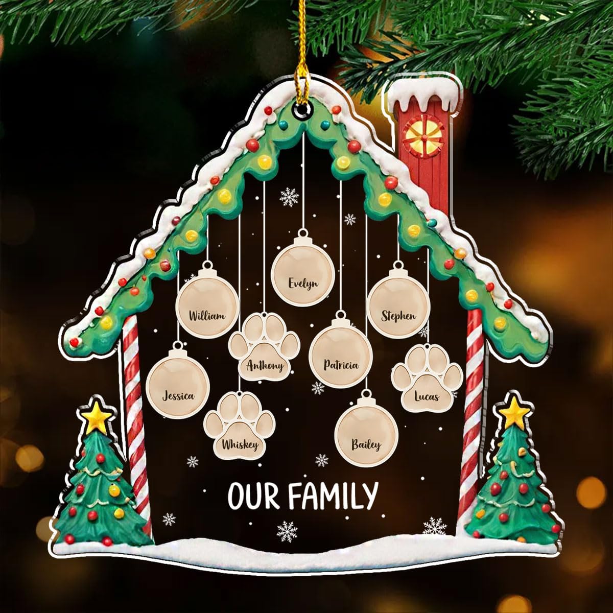 Personalized Family Christmas Acrylic Ornament 2024 - Custom Name Charms Family Members up to 10 People and Pets, Paw Charm Ornament Gifts for Family Tree Decoration (A02, 7 Names)
