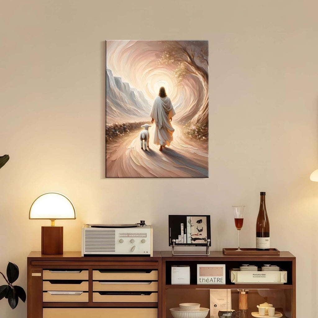Framed Canvas Jesus and Lamb Wall Decor Wall Art Gallery Decoration Unique Print Wall Decor for Living Room Bedroom Church Home Decor 12x16 Inch Ready to Hang