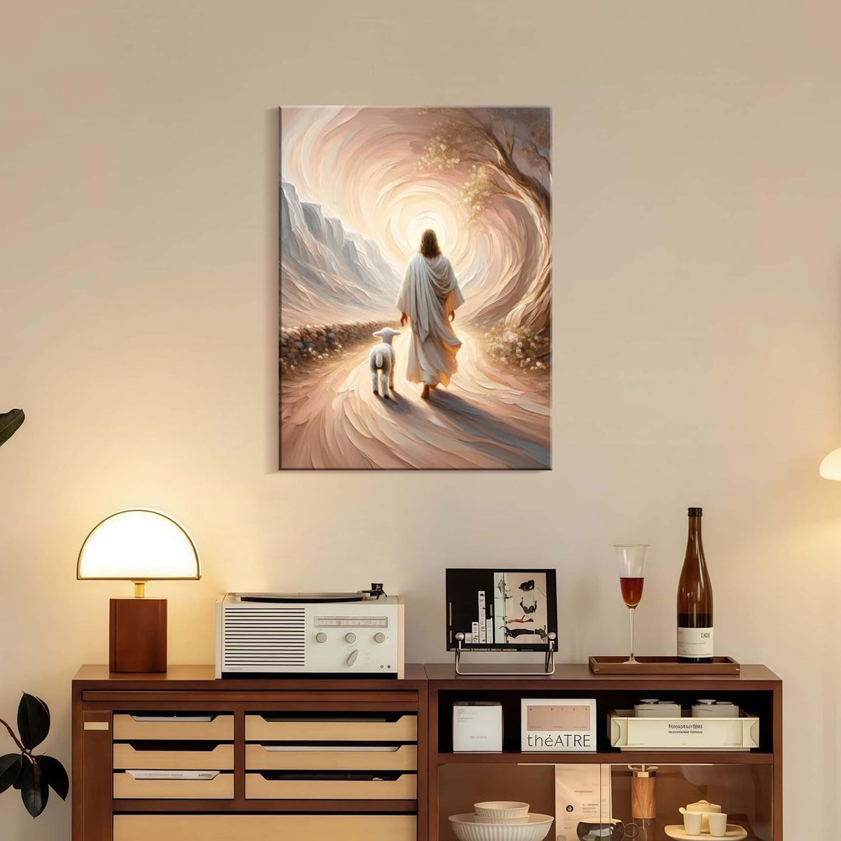 Framed Canvas Jesus and Lamb Wall Decor Wall Art Gallery Decoration Unique Print Wall Decor for Living Room Bedroom Church Home Decor 12x16 Inch Ready to Hang