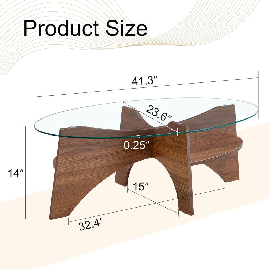 41" Oval Glass Coffee Table with Tempered Glass Top and MDF Base, Diagonal Fan-Shaped Tray Design Table Leg Simple & Modern Center Table for Living Room Office Apartment Walnut
