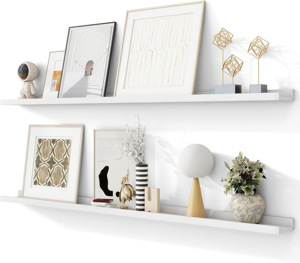 Solid Ash Wood Picture Ledge Shelf, Floating Shelves Set of 2, 56 Inch Long Large Ledge Shelves, Nursery Book Shelves Wall Mounted for Living Room Bedroom Kitchen Decor Kids Bookshelf, White