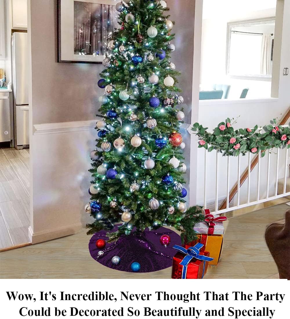 Partisout Sequin Tree Skirt - 24 Inch Purple Glitter Christmas Tree Skirt, Cotton Base, Colorful and Festive for Christmas and Halloween Decorations