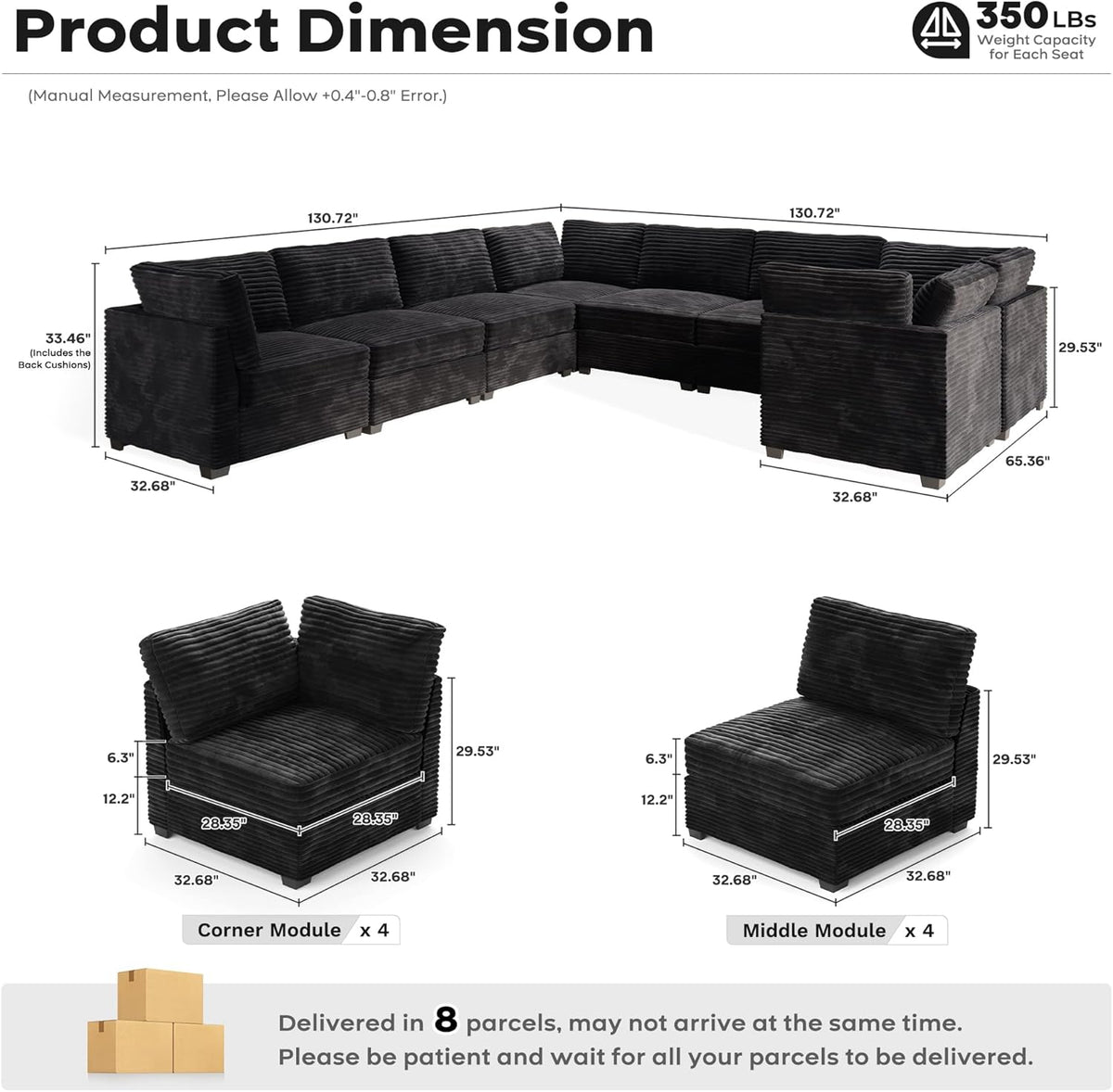 ovios Sectional Sofa Couch with U-Shape Chaise Oversized, Comfy Modular Cloud Couches with Deep Seat, Modern Upholstered Plush Corduroy Sofas Set for Living Room, 8-Seater, Black