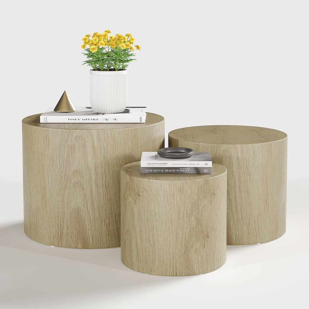 Vikiullf Nesting Coffee Table Set of 3, Round Wooden Coffee Tables, Modern Circle Table for Living Room Side Table End Table, Saving Space Design and No Need Assembly,Natural Wood Grain