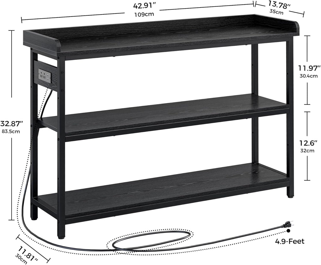 IRONCK Console Table, Sofa Table with Power Outlet, Farmhouse Hallway Table for Entryway, Living Room, Height Adjustable, Easy Assembly, Vintage Black, 43"