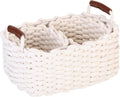 Sea Team 3-Pack Rectangle Woven Cotton Rope Storage Baskets with Handles, Shelf Basket, Closet Organizers, 3-in-1, White