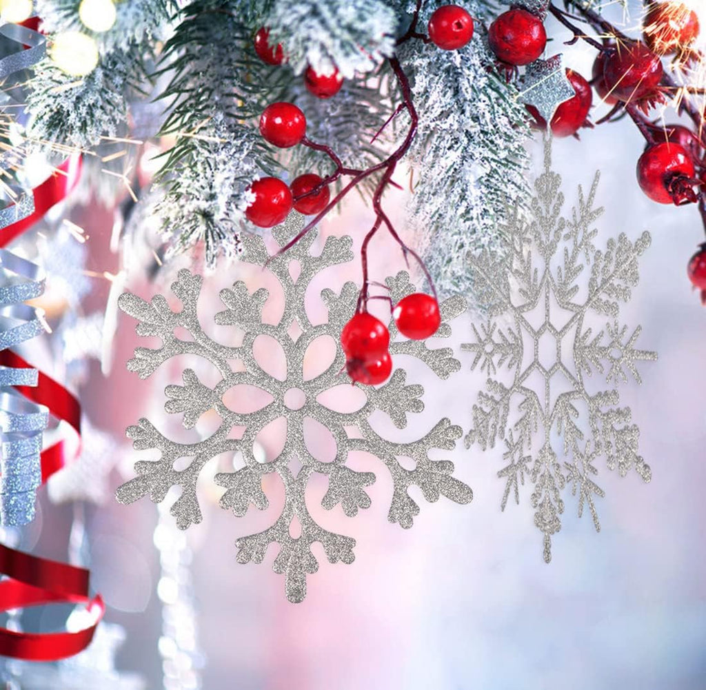 6pcs Large Silver Snowflakes Ornaments 12” Big Plastic Glitter Snowflake for Winter Indoor Outdoor Christmas Tree Window Room Decorations Giant Craft Snowflakes