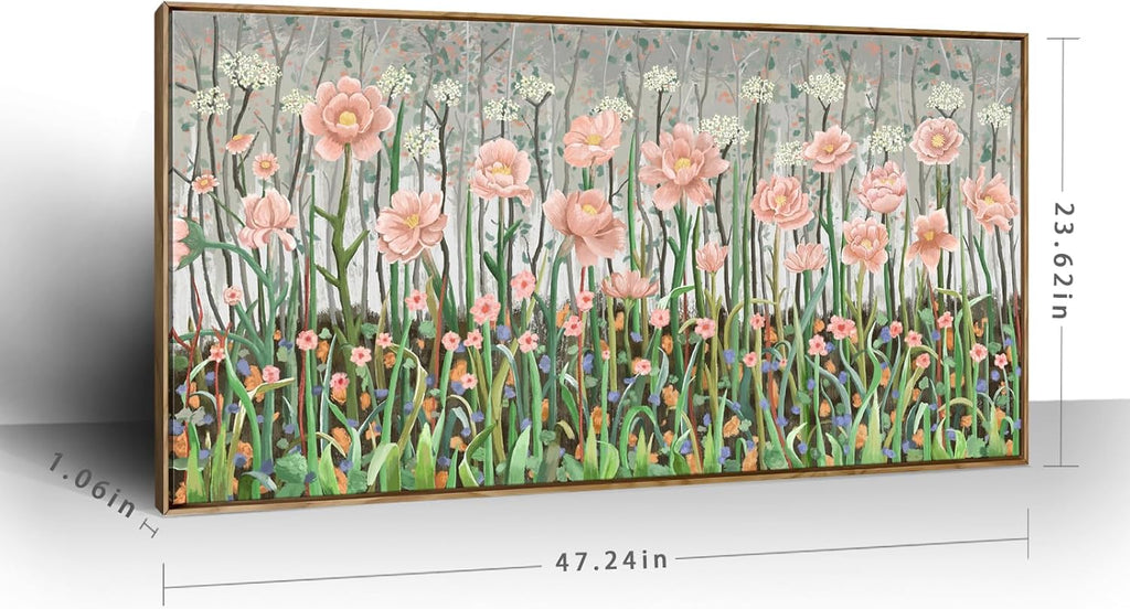 amatop Framed Large Floral Wall Art Modern Botanical Canvas Print Flower Field Wall Decor Abstract Landscape Picture Blooming Flower Forest Pink Green Artwork for Living Room Bedroom Office 48x24 in
