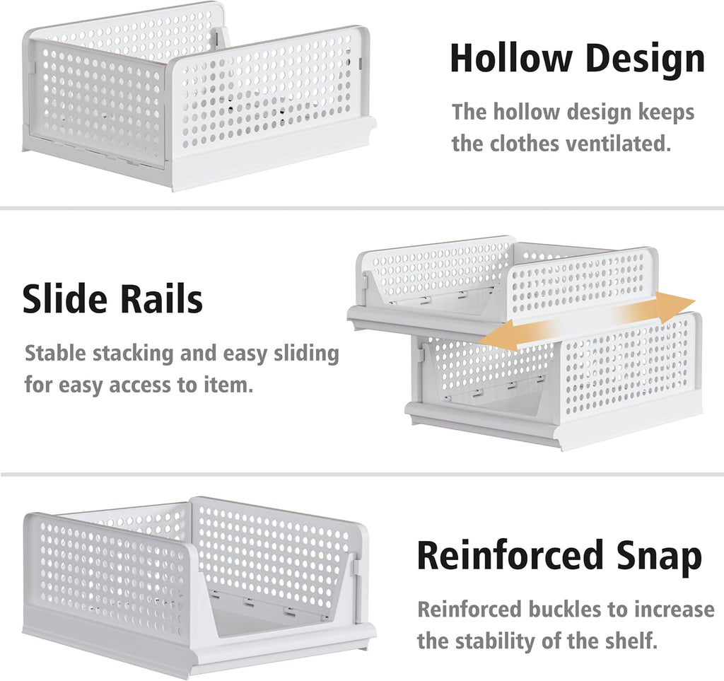 Stackable Plastic Storage Basket Closet Organizer Bin Foldable Clothes Organizer Storage Drawer Shelf Container for Living Room Bathroom Kitchen Office Laundry Room