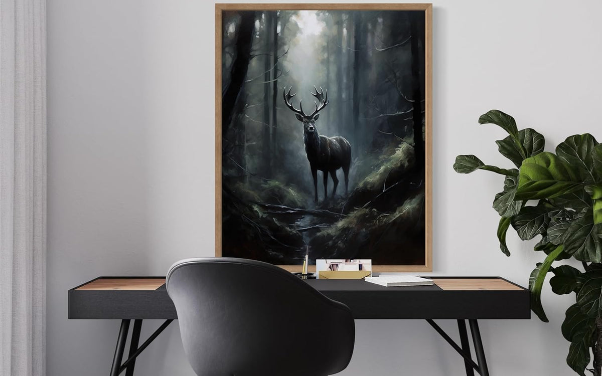 Deer in Forest Poster Art Print, Halloween Scary Vintage Wall Art Academia Spooky Painting Decoration for Horror Prints, Gothic Posters Bedroom Decor 89 (Deer in Forest, 16 x 20 inches, Wood Frame)
