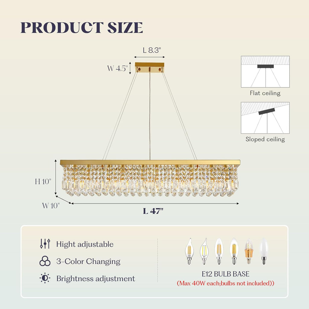 10 Lights Modern Crystal Chandelier, Gold K9 Rectangle Rectangular Chandeliers,Luxury Flush Mount Pendant Ceiling Light for Dining Room Kitchen Island L47''xW10''xH10''