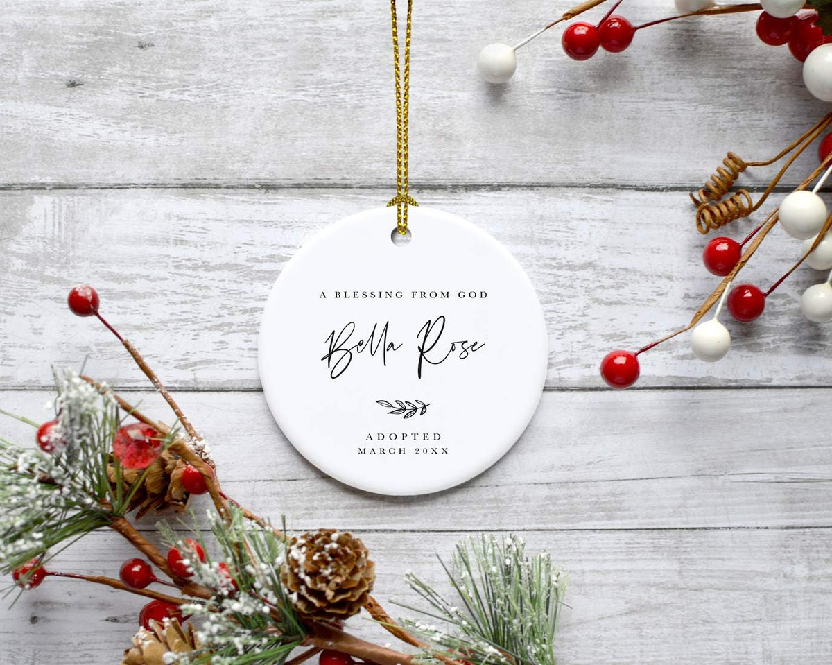 Andaz Press Personalized Adoption Round Ceramic Porcelain Christmas Tree Ornament Keepsake, A Blessing from God Olivia Rose Carter Adopted 2025 Antique Handdrawn, 1-Pack Adoption Ornament 2025