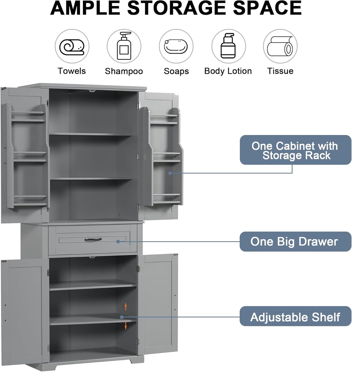 72.2" Tall Storage Cabinet with 4 Doors and Drawer, Freestanding Linen Cabinet, Wooden Pantry with Adjustable Shelf for Kitchen, Bathroom, Living Room, Grey