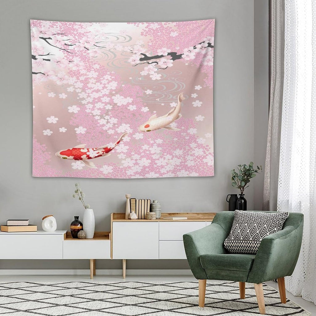Houselerax Japanese Koi Fish Tapestry, Cherry Blossoms Asian Oriental Pink Flower Branch Koi Fish Carp Tapestries Wall Hanging for Bedroom Living Room Office Decor 60"x50"