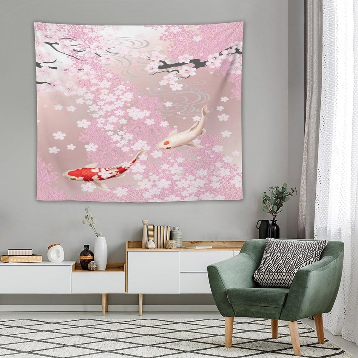 Houselerax Japanese Koi Fish Tapestry, Cherry Blossoms Asian Oriental Pink Flower Branch Koi Fish Carp Tapestries Wall Hanging for Bedroom Living Room Office Decor 60"x50"