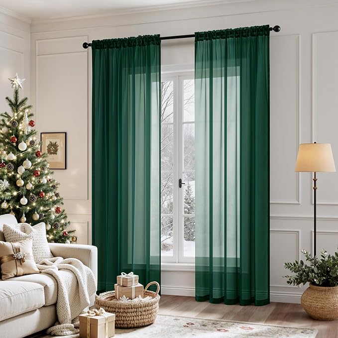 MIULEE Hunter Green Sheer Curtains 54 X 45 Inches, 2 Panels | Solid Color - Image 2