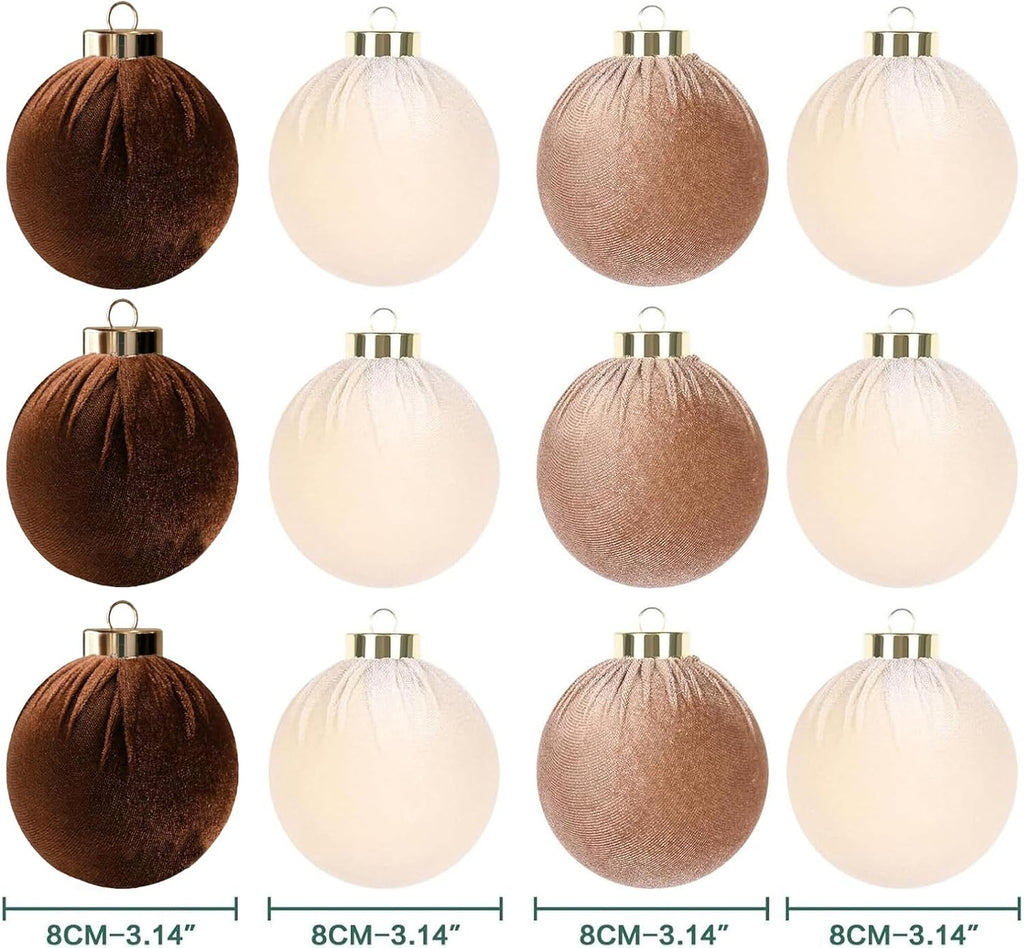12Pcs Velvet Christmas Ornaments Balls,Brown Christmas Tree Decoration Shatterproof Ball with Hanging for Party Decor Multicolor Brown Beige 80mm/3.15in