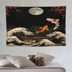 Houselerax Koi Fish Tapestry, Japanese Style Yin Yang Big Wave Cherry Blossom Tapestries Wall Hanging for Bedroom Living Room Office Decor 90"x60"