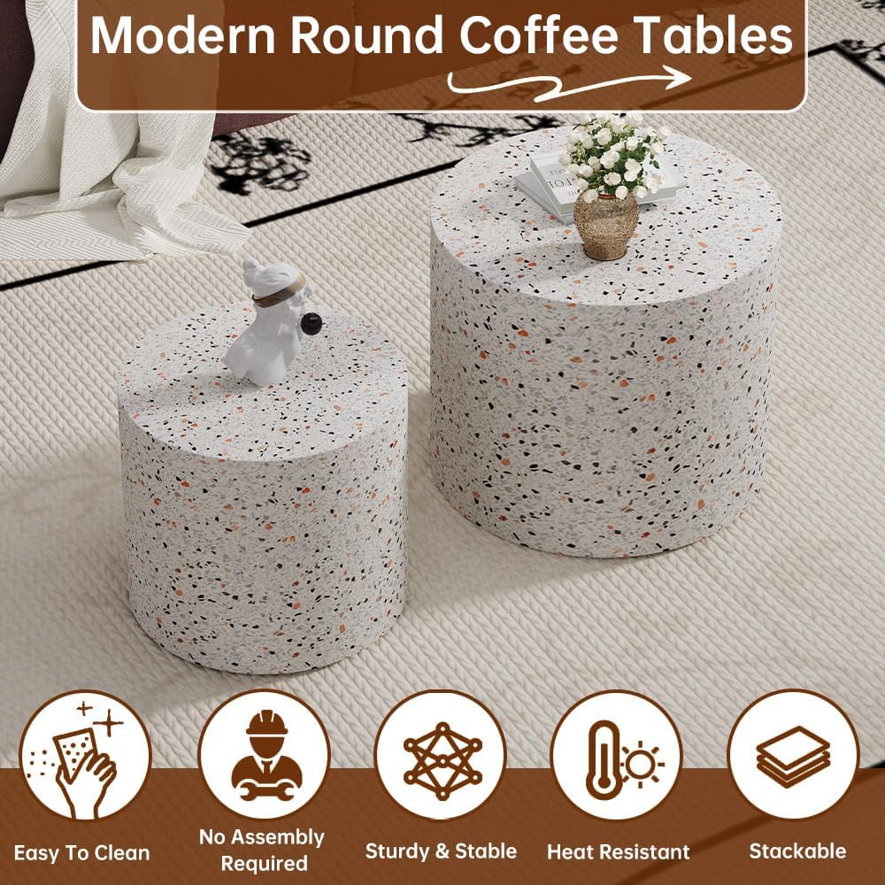 Round Nesting Coffee Table Set of 2 Modern Small Coffee Table Round End Table Small Side Table Circle Coffee Tables Circular Nested Coffee Tables for Living Room (Grey)