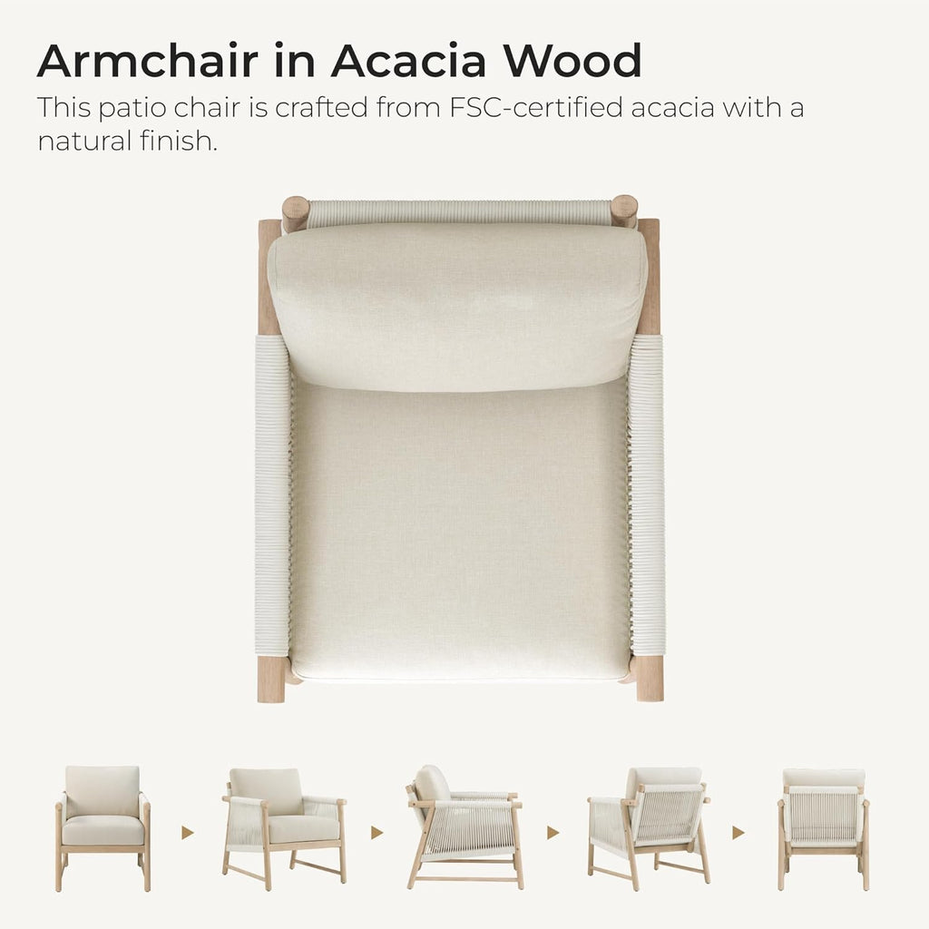 CHITA Boho Patio Rattan Chair, Outdoor Wicker Chair with 7.1″ Thickened Cushions Acacia Wood Frame(Cream)