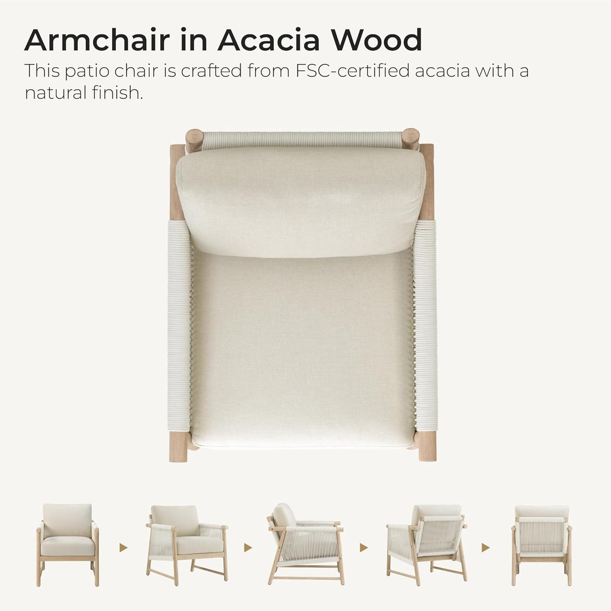 CHITA Boho Patio Rattan Chair, Outdoor Wicker Chair with 7.1″ Thickened Cushions Acacia Wood Frame(Cream)