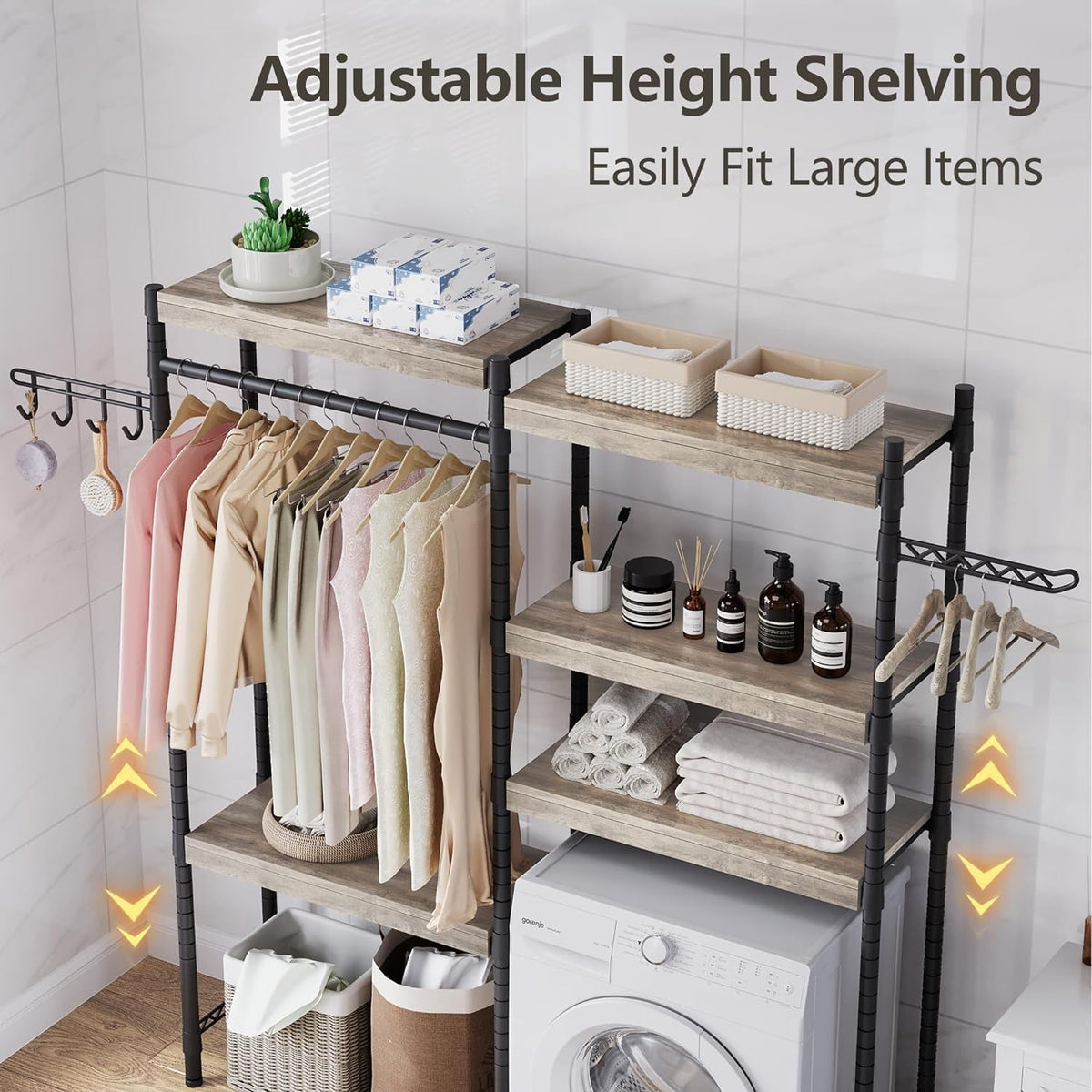 CABIHOME Heavy-Duty Laundry Shelf with Drying Racks | Space-Saving Adjustable Over-Washer Storage Organizer | 4-Tier Bathroom & Laundry Room Shelving Unit (Engineered Wood, 28")