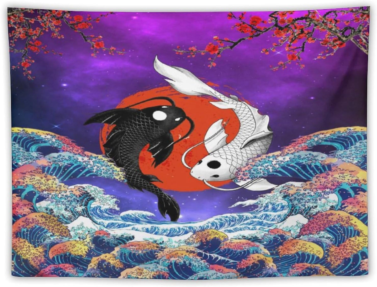 Houselerax Japanese Koi Fish Tapestry, Yin Yang Big Wave Cherry Blossom Tapestries Wall Hanging for Bedroom Living Room Office Decor 90"x60"