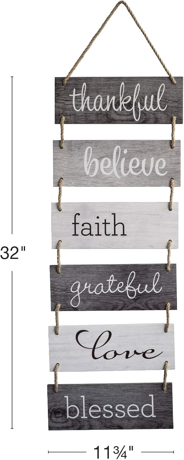 EXCELLO GLOBAL PRODUCTS Large Hanging Wall Sign: Rustic Wooden Decor (Grateful, Love, Believe, Thankful, Faith, Blessed) Hanging Wood Wall Decoration (11.75" x 32")