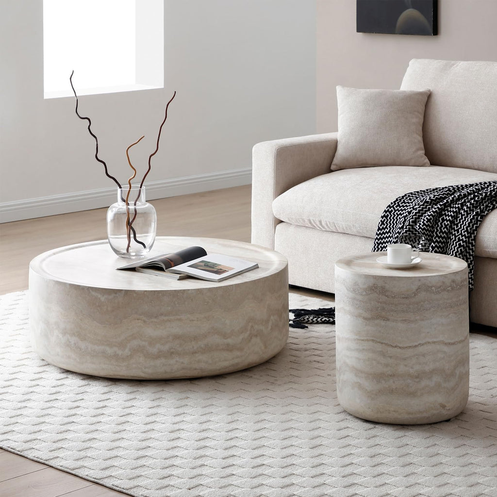 Faux Marble Coffee Table, Modern Round Coffee Table for Living Room, Circle Drum Coffee Side Tables, Fiberglass Center End Table for Small Place Apartment Office (15.74" Marble)